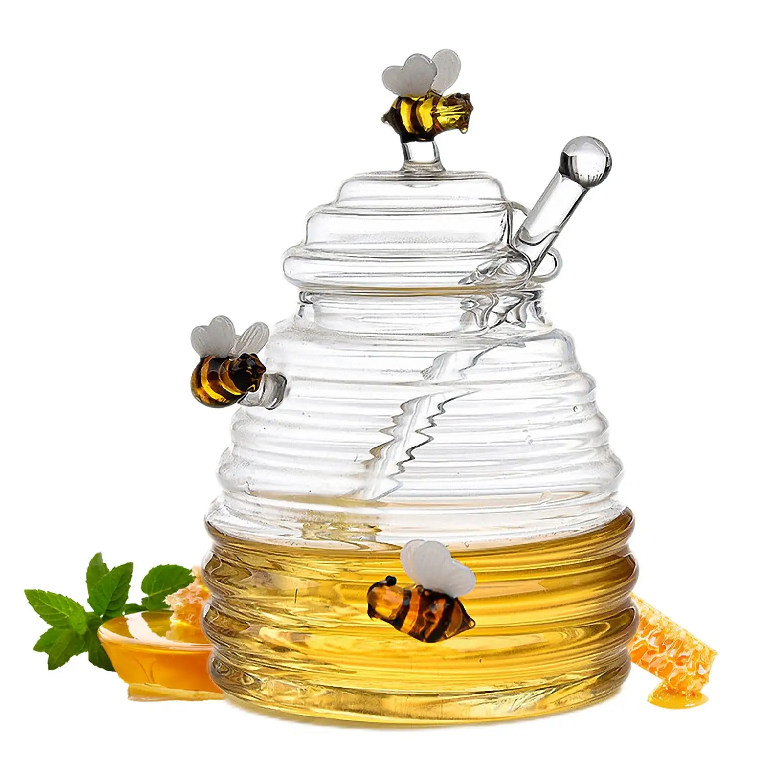 Hot bán container nhà bếp cửa hàng mật ong và xi-rô hình dạng tổ ong Glass mật ong nồi với cái môi Nắp