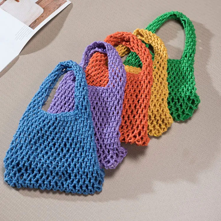 New Candy Color Hollow Beach Vacation Bucket Bag Cotton Rope Handbag Net Pocket Bag for Women