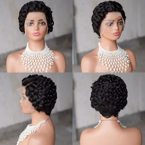 Perruque <span class=keywords><strong>courte</strong></span> bouclée 100% <span class=keywords><strong>cheveux</strong></span> humains, <span class=keywords><strong>cheveux</strong></span> courts naturels pour les personnes noires, noir et brun - Product Image 4