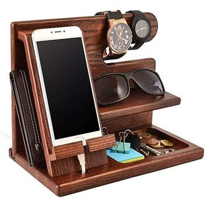 Soporte de madera para teléfono de escritorio, estación de acoplamiento multifuncional, soporte para exhibición de relojes, color marrón - Product Image 1