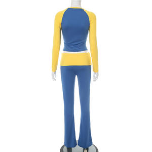 Модный комплект из двух предметов для женщин: футболка с длинным рукавом и расклешенные брюки, облегающий крой, для йоги, спортзала и повседневной носки - Product Image 6