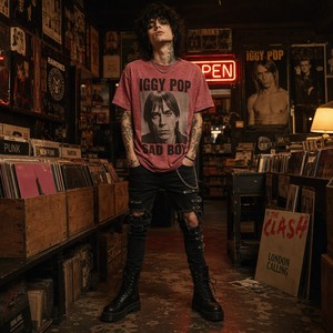 T-shirt grafica rosa acid wash in jersey di cotone 100% con stampa ritratto Sad Boy Iggy Pop, effetto distressed con fori, streetwear Metour all'ingrosso - Product Image 4