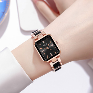 Womens Rose Gold Square Watch <b>White</b> Ceramic Bracelet Crystal <b>Markers</b> Sunburst Dial Quartz Wristwatch - Product Image 6