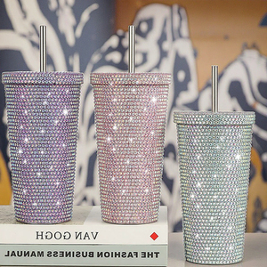 Gobelet en cristal de luxe de 17 oz avec strass placés à la main, matériau en acier inoxydable, isolation thermique chaude, couvercle en paille de café - Product Image 5