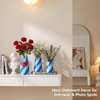 Set Vas Keramik 3D Lip Blue Light Blue Pop Art, 3 buah, Dekorasi Unik Bergaris untuk Rumah atau Kantor Modern, Hadiah Minimalis