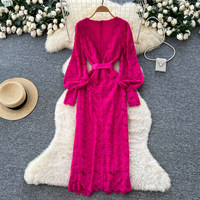 Robe élégante pour femmes, col en V, manches longues, dentelle, avec nœud à la taille, applique florale, robe midi décontractée pour tous les jours et les soirées