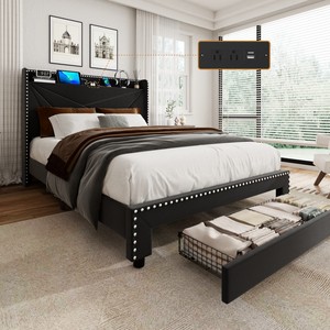 King Modern Luxury Velvet Upholstered Adjustable Platform Bed Integrated Storage <strong>Drawers</strong> Stable Metal Base-Space-Saving - Product Image 1