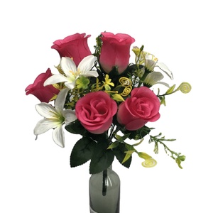Venta directa de fábrica, seda, Rosa artificial barata, mezcla con lirio, ramo, flores funerarias para el Día de los Caídos - Product Image 6