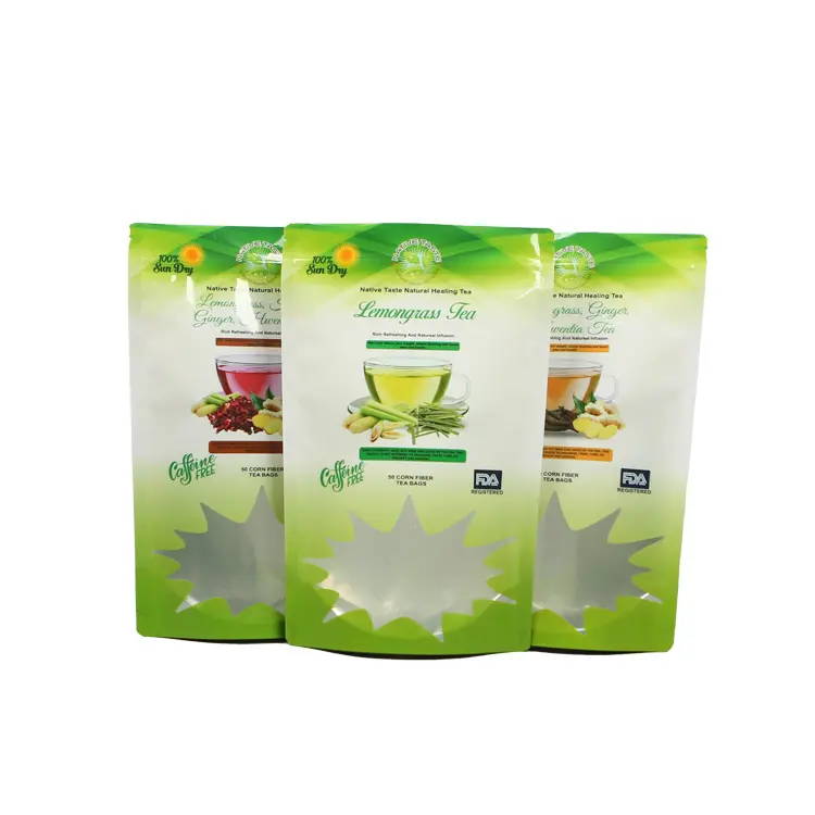 Bolsa de pie para embalaje de té verde de hojas sueltas con logotipo personalizado, bolsas de embalaje de té de hierbas de desintoxicación delgadas con cremallera
