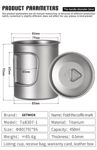 Tasse <span class=keywords><strong>de</strong></span> camping en titane ultra-légère <span class=keywords><strong>de</strong></span> 450 ml avec couvercle, isolation thermique <span class=keywords><strong>de</strong></span> 6 heures, écologique, portable, ensemble <span class=keywords><strong>de</strong></span> tasses et <span class=keywords><strong>de</strong></span> pots à café pour l'extérieur - Product Image 2