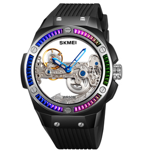 Reloj mecánico SKMEI M032 para hombre con caja de PC transparente y banda de silicona resistente al agua movimiento automático espejo de cristal - Product Image 3
