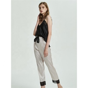 OEM New Design Women Lace Sleepwear Two Piece Sleeveless Satin Striped <strong>Slip</strong> With Long Pant Designers Pajamas Sets - Product Image 6