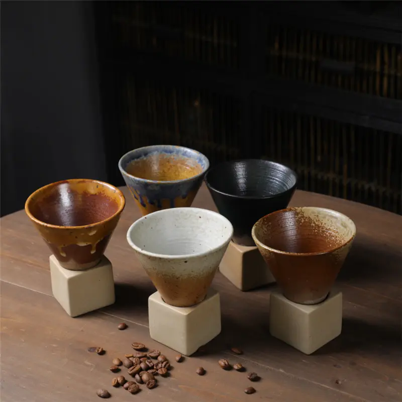 ขายส่งที่กำหนดเองร้อนขายแก้วกาแฟ200มิลลิลิตรญี่ปุ่นดินเหนียวถ้วยกาแฟที่มีฐานเซรามิก