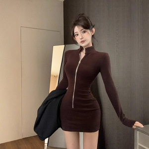 Stand Collar Long Sleeve Dress Brown Zipper Front Tight Waist Casual Daily Wear - Product Image 1