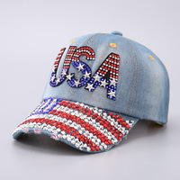 Gorra de Béisbol de Mezclilla con Pedrería de la Bandera de EE. UU. al por Mayor, Sombrero Patriótico Brillante, Accesorio de Moda para el 4 de Julio