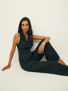 Ensemble <span class=keywords><strong>pantalon</strong></span> et haut pour <span class=keywords><strong>femme</strong></span>, col rabattu, sans manches, à lacets, couleur unie, coupe régulière, élégant, pour le bureau, 2 pièces - Product Image 6