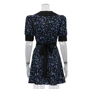 Robe d'été noire à imprimé floral pour femme, col en V, taille haute, manches courtes, avec ceinture et boutons, collection 2026 - Product Image 5