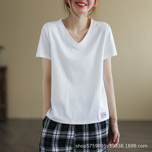 Women V-Neck Short Sleeve T-Shirt Loose Fit Breathable Jersey <b>Top</b> Casual <b>Patchwork</b> Base Layer Summer Wear - Product Image 5