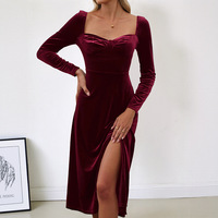 Robes pour femmes en gros : Robes vintage élégantes en velours avec fente et décolleté cœur, et robes longues pour soirées