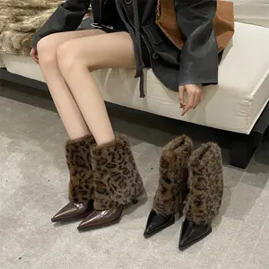 豹纹皮草时尚女靴秋冬新款高跟尖头修身短靴女安全靴