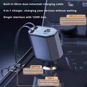 120W nuevo cargador de coche retráctil rápido 4 en 1 PANTALLA Digital LED tipo C cargador PD ajuste de dirección QC3.0 cargador para teléfono - Product Image 4