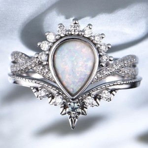 yunnique <b>Opal</b> Wedding <b>Ring</b> Pear Cut Diamond Crown Design Women's Jewelry <b>Silver</b> Color - Product Image 1