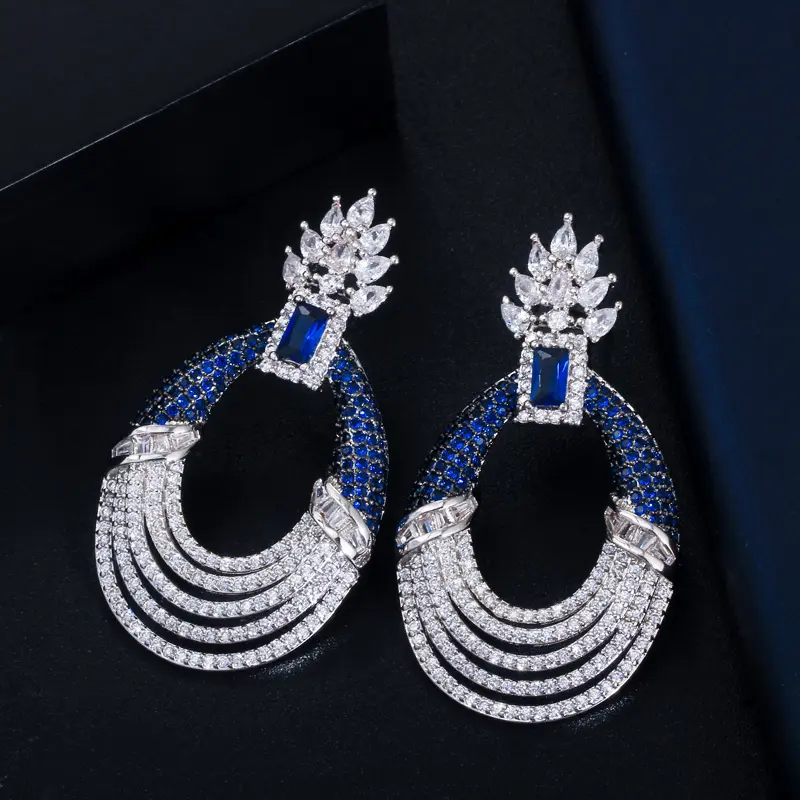 Multiple Round Micro Pave CZ Green Blue Sapphire Long Drop Wedding Earrings for Women Luxury Brand Designer Jewelry
