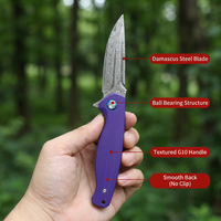 Couteau pliant tactique, couteau de poche Damas, couteau léger EDC, couteau à lame rabattable, manche en G10 violet, outil utilitaire pour le camping en plein air, DM036