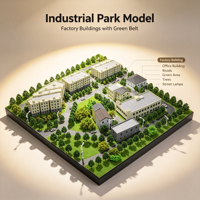 Maquette de parc industriel avec bâtiments d'usine, immeubles de bureaux, routes, ceinture verte, arbres et lampadaires