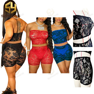 Conjuntos de 2 piezas de encaje transparente para mujer, Top de <span class=keywords><strong>tupe</strong></span> sin tirantes sólido, pantalones cortos ajustados, traje de Club Baddie - Product Image 2