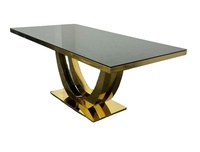 Nouvelle arrivée, table de banquet de luxe, structure en acier inoxydable doré et plateau en verre trempé, table moderne pour mariage et hôtel, vente en gros