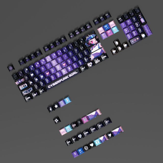 132-Key Purple Cyberpunk PBT Keycaps, Full-Sided Light Transmission, Dye-Sublimation, OEM Profile, Universal Fit