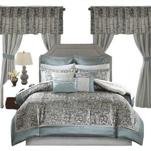 Juego de Ropa de Cama de Poliéster de Alta Calidad, 24 Piezas, Fundas de Almohada Jacquard con Estampado de Plantas Azules, Estilo Europeo, con Cortinas - Product Image 3