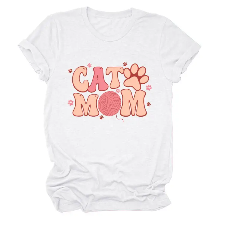 Oversized T Shirt Cotton Fabric Knitted Breathable O-Neck Girls Shirt Tops Capital Letter Cat Mom Print Tee