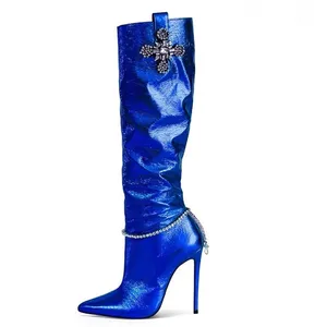 2023 Neue Trendy Botas Dama Sexy Blaue Leder Knies tiefel für Frauen