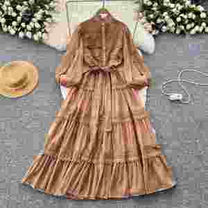 Vestido Midi Casual de Verano con Cuello Mao y Corte A para Mujer, Estilo Túnica Vintage con Retazos, Encaje Hueco y Diseño Digital Ecológico Transpirable - Product Image 1