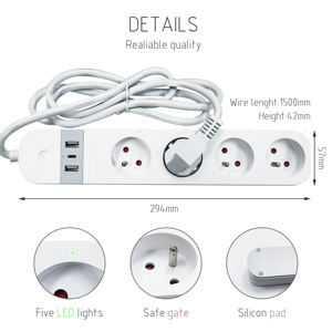 Multiprise intelligente Wi-Fi Tuya avec 2 ports USB, 4 prises CA 16A, interrupteur d'éclairage électrique multiple français, prise de courant intelligente EU - Product Image 4