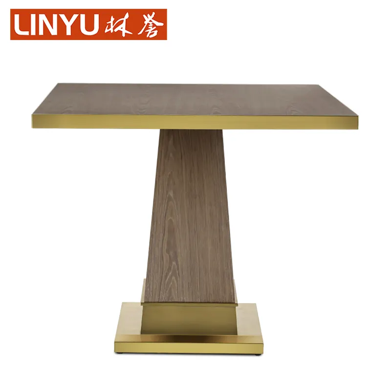 4 seat High-end modern original design gold S/S stainless steel veneer wood square cafe bistro restaurant dining table