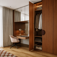 Armoire intégrée sur mesure en placage de noyer, style moderne et luxueux, avec coiffeuse miroir, placard de chambre pleine hauteur
