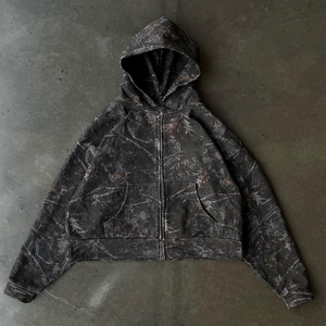 Sweat-shirt pour <span class=keywords><strong>homme</strong></span> à capuche surdimensionné avec fermeture éclair, imprimé intégral avec un logo personnalisable, motif de branche d'arbre, effet délavé - Product Image 4