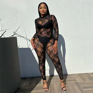 Sexy Lace Bodycon Rompers Long Sleeves Round Collar See Through Long Pants Hot Club Bodysuits For Women