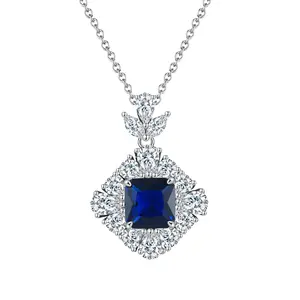 RINNTIN LZN16 8A Princess Cut Dainty Sapphire with White Zirconia Paraiba Pendant 925 Sterling Silver Necklace