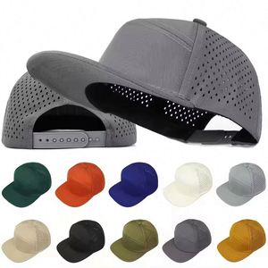 Wholesale Custom 6 Panel <b>Flat</b> Bill Navy Blue Waterproof Structured Embroidery Logo Laser Cut Hole Perforated Snapback Cap <b>Hat</b> - Product Image 2