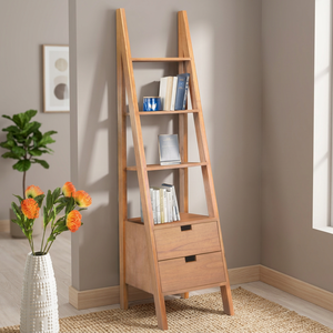 Wall Rack with 2 <b>Drawers</b> Minimalist Solid Mindi Wood Natural Colour Ladder Style - Product Image 3