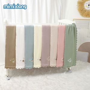 2024 Mimixiong OEKO Tex Cotton Knitted Ruffle Edge Embroidery <b>Cute</b> <b>Bear</b> Newborn Baby Swaddle Bedding Blankets - Product Image 2