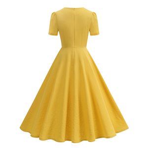 Abiti Vintage Anni '50 da Donna in Cotone <span class=keywords><strong>Giallo</strong></span>, Manica Corta, Lunghezza <span class=keywords><strong>Midi</strong></span>, Scollo a Cuore, Stile Casual Retrò per Feste - Product Image 2