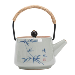 Théière en céramique de bambou peinte à la main avec poignée et filtre, couleur sous-glaçure, style rétro, pour la cérémonie du thé chinois - Product Image 5