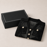 Nouvelle Robe Tricotée Élégante Noire à Col Revers et Manches Courtes Ajustée avec Détails Creux Printemps-Été 2026 pour Femme