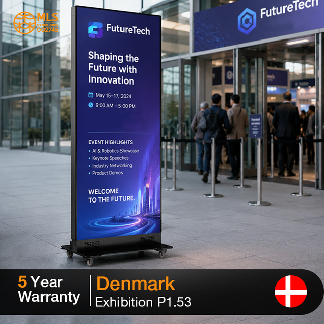 Exhibition LED Poster Display P1.53 Indoor Movable Digital Screen for Event Slim Cabinet Floor Stand Design Plug Play System