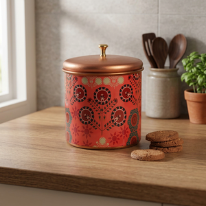 Red Bohemian Printed Copper Food <b>Container</b> With Lid Round <b>Storage</b> Jar <b>For</b> <b>Kitchen</b> Use - Product Image 2